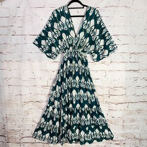 Zury Green White Gold Maxi Dress Free Size Boho Festival Lagenlook Flowy